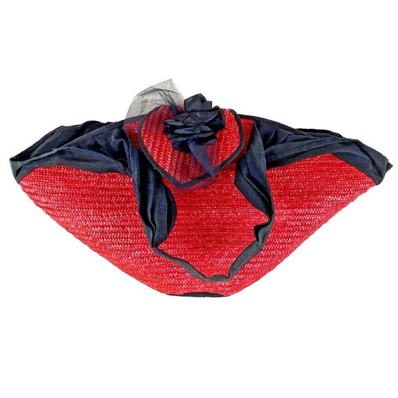 Tropical Beach Resort Chic Red Black Straw Clamshell Shoulder Tote Large Bag VTG - Picture 13 of 13